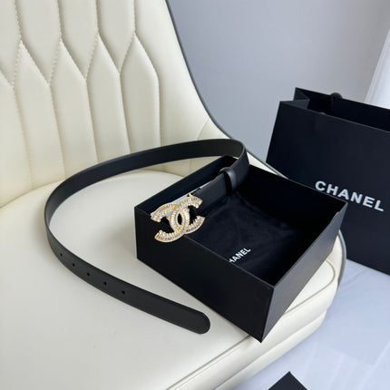 CC BELT 30MM IN BLACK SMOOTH CALFSKIN GOLD HARDWARE ATTACH RHINSTONE