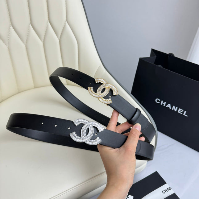 CC BELT 30MM IN BLACK SMOOTH CALFSKIN SILVER HARDWARE ATTACH RHINSTONE