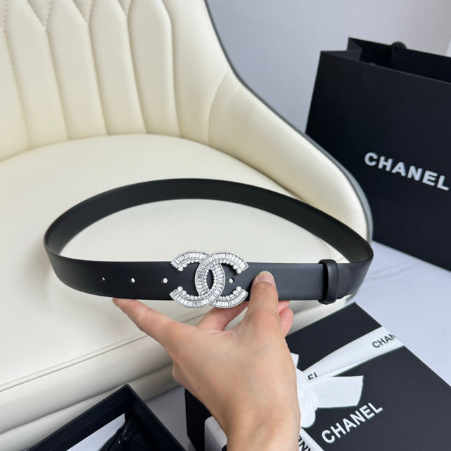 CC BELT 30MM IN BLACK SMOOTH CALFSKIN SILVER HARDWARE ATTACH RHINSTONE