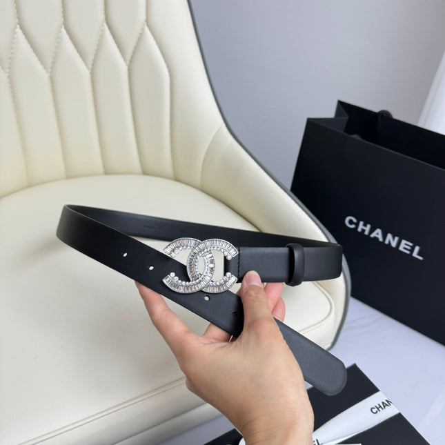 CC BELT 30MM IN BLACK SMOOTH CALFSKIN SILVER HARDWARE ATTACH RHINSTONE