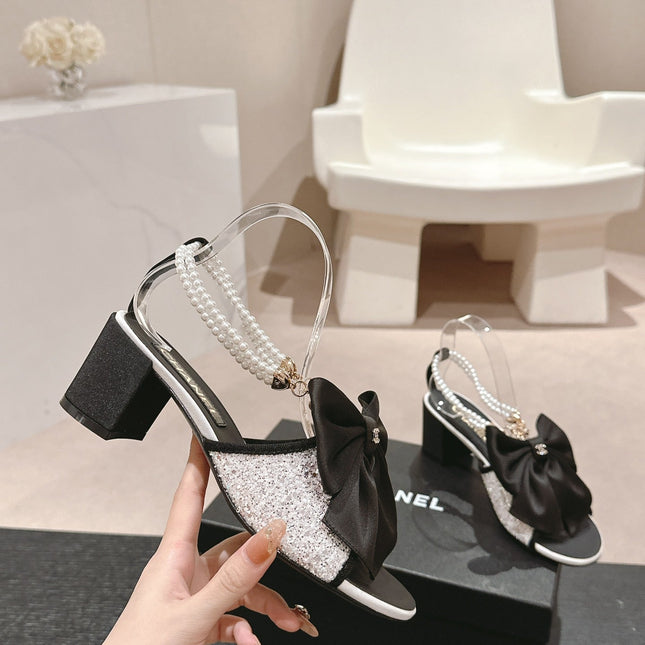 HIGH SANDAL WITH PEARL CHAIN BLACK LAMBSKIN WITH WHITE RHINESTONES