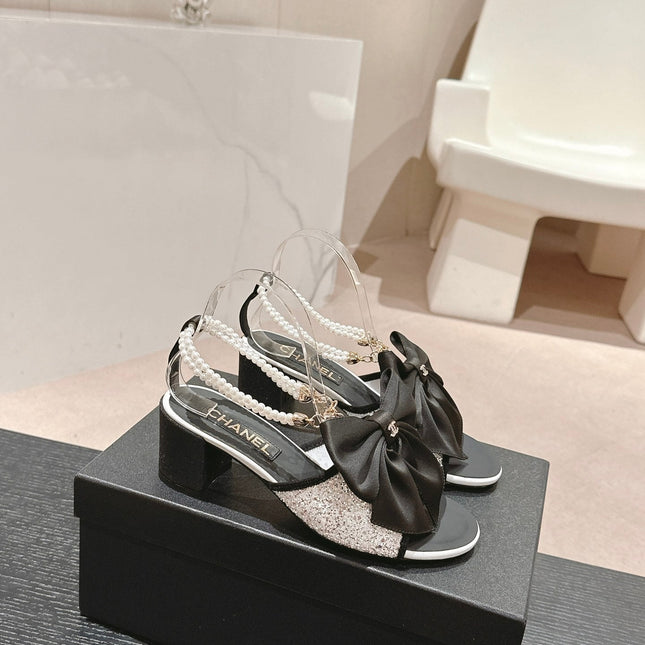 HIGH SANDAL WITH PEARL CHAIN BLACK LAMBSKIN WITH WHITE RHINESTONES