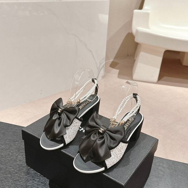 HIGH SANDAL WITH PEARL CHAIN BLACK LAMBSKIN WITH WHITE RHINESTONES