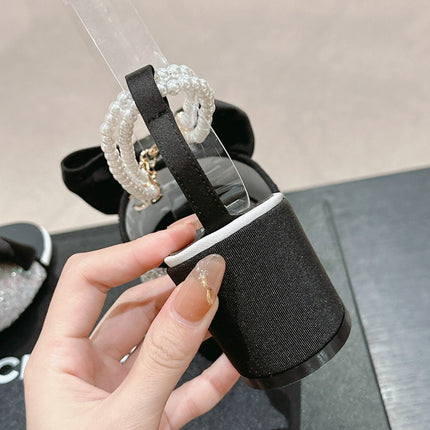 HIGH SANDAL WITH PEARL CHAIN BLACK LAMBSKIN WITH WHITE RHINESTONES