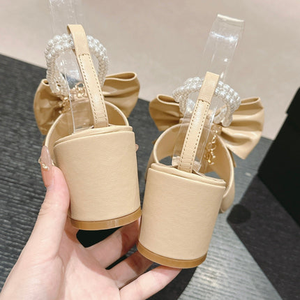 HIGH SANDAL WITH PEARL CHAIN IN BEIGE CREAM LAMBSKIN