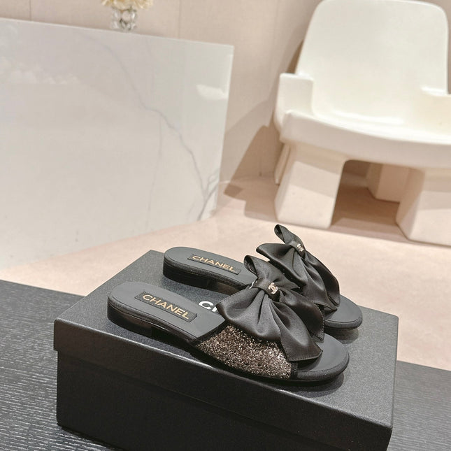 BOW LADY SLIPPERS BLACK LAMBSKIN WITH RHINESTONES