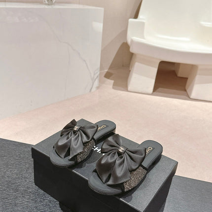 BOW LADY SLIPPERS BLACK LAMBSKIN WITH RHINESTONES