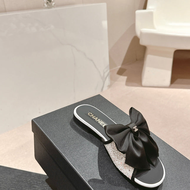 BOW LADY SLIPPERS BLACK LAMBSKIN WITH WHITE RHINESTONES