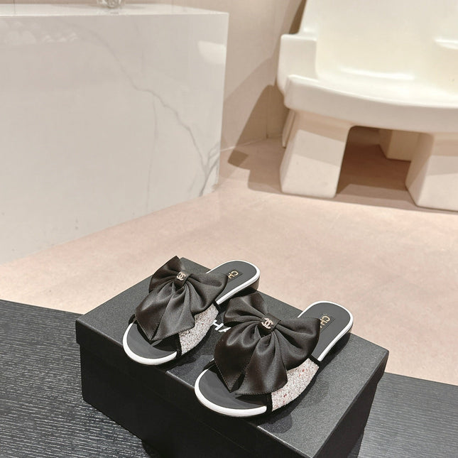 BOW LADY SLIPPERS BLACK LAMBSKIN WITH WHITE RHINESTONES