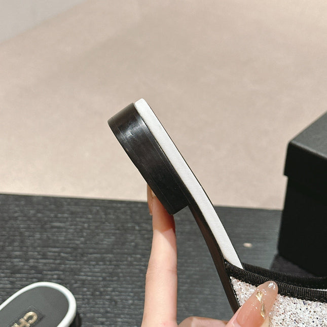 BOW LADY SLIPPERS BLACK LAMBSKIN WITH WHITE RHINESTONES