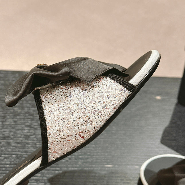 BOW LADY SLIPPERS BLACK LAMBSKIN WITH WHITE RHINESTONES