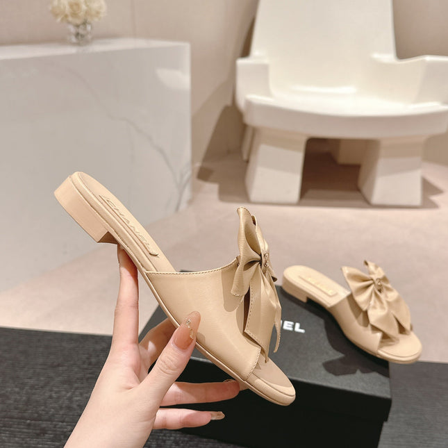 BOW LADY SLIPPERS BEIGE CREAM LAMBSKIN