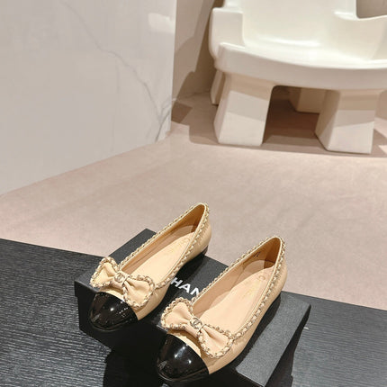 BOWKNOT BALLET FLAT IN BEIGE CREAM MIX BLACK SHEEPSKIN