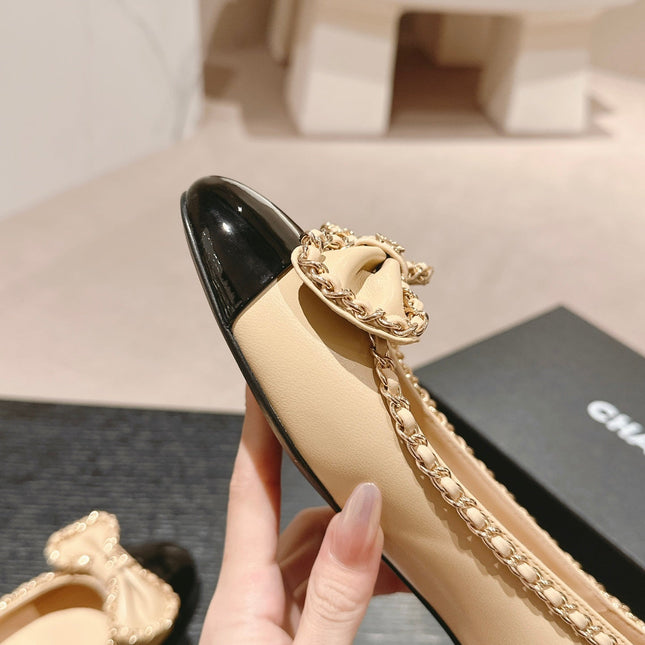 BOWKNOT BALLET FLAT IN BEIGE CREAM MIX BLACK SHEEPSKIN