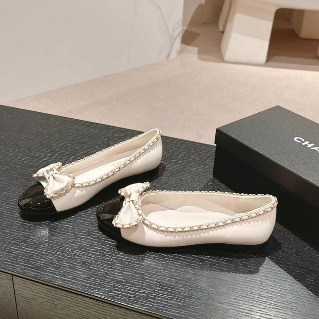 BOWKNOT BALLET FLAT IN WHITE MIX BLACK SHEEPSKIN