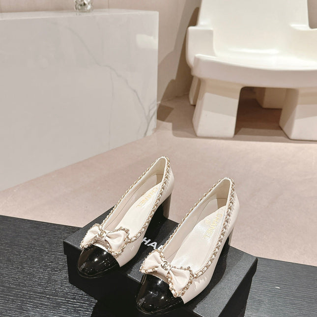 BOWKNOT HIGH HEELS IN WHITE MIX BLACK SHEEPSKIN