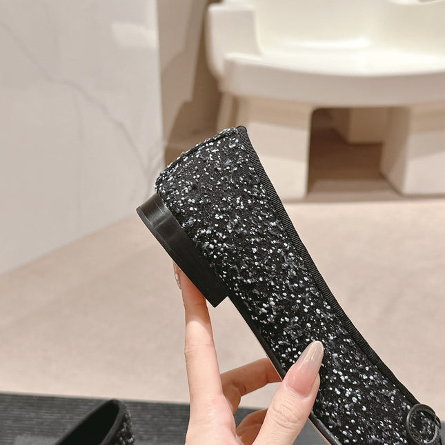 BALLET FLATS IN BLACK MIX WHITE TWEED AND SATIN