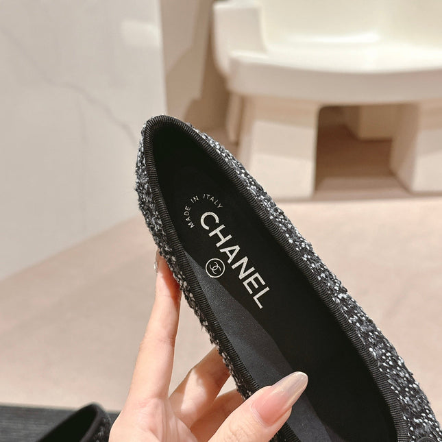 BALLET FLATS IN BLACK MIX WHITE TWEED AND SATIN