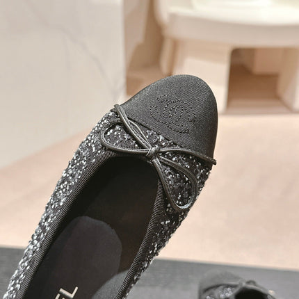 BALLET FLATS IN BLACK MIX WHITE TWEED AND SATIN