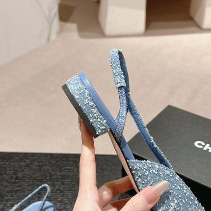SLINGBACKS IN LIGHT BLUE DENIM AND BLACK SATIN