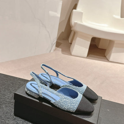 SLINGBACKS IN LIGHT BLUE DENIM AND BLACK SATIN