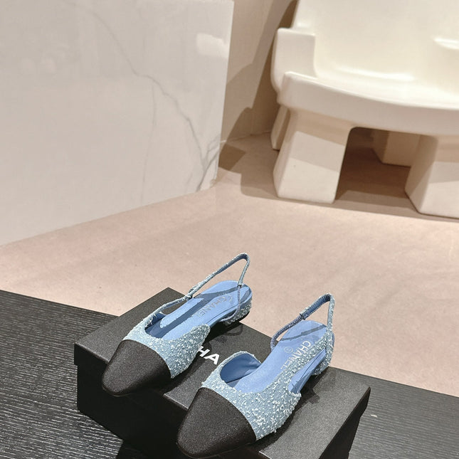 SLINGBACKS IN LIGHT BLUE DENIM AND BLACK SATIN