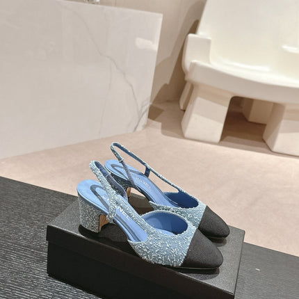 HIGH SLINGBACKS IN LIGHT BLUE DENIM AND BLACK SATIN