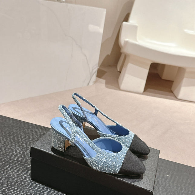 HIGH SLINGBACKS IN LIGHT BLUE DENIM AND BLACK SATIN