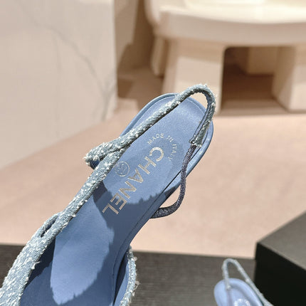 HIGH SLINGBACKS IN LIGHT BLUE DENIM AND BLACK SATIN