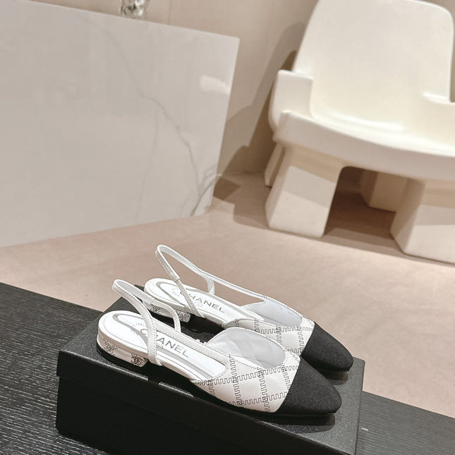 SLINGBACKS IN WHITE LAMBSKIN AND BLACK SATIN