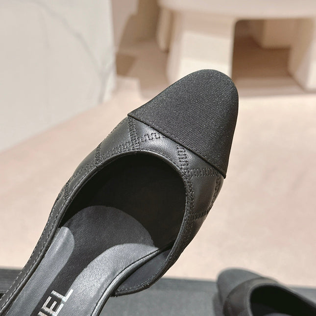 HIGH SLINGBACKS IN BLACK LAMBSKIN AND SATIN