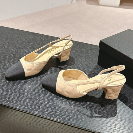 HIGH SLINGBACKS IN BEIGE CREAM LAMBSKIN AND BLACK SATIN
