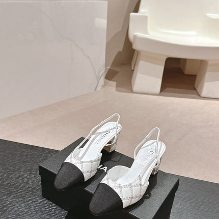 HIGH SLINGBACKS IN WHITE LAMBSKIN AND BLACK SATIN
