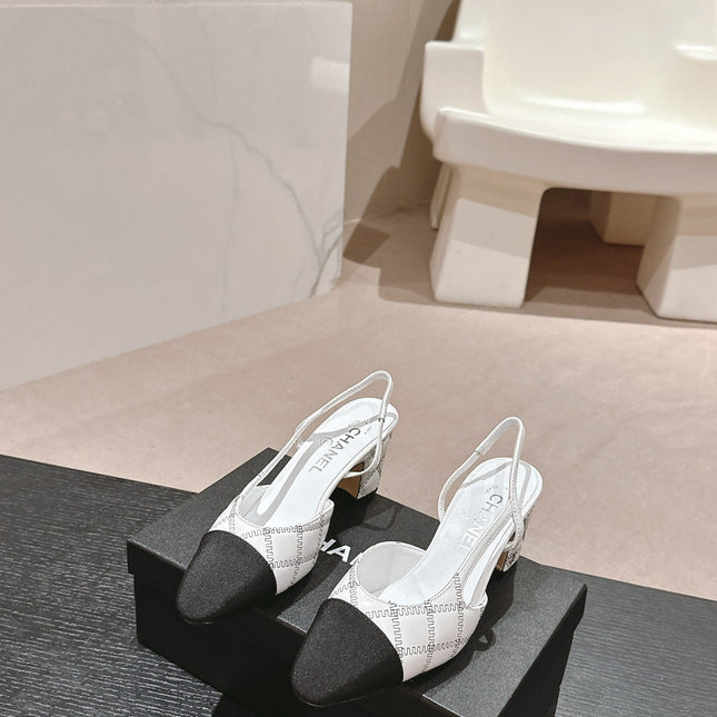 HIGH SLINGBACKS IN WHITE LAMBSKIN AND BLACK SATIN