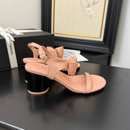 MID HEEL SANDALS IN PEACHY PINK CALFSKIN WITH BOW