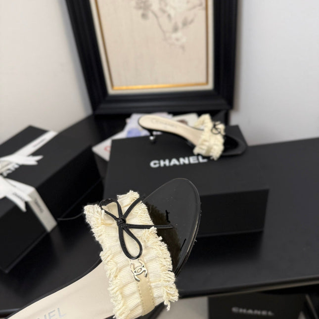 WHITE GROSGRAIN CANVAS BOW MULE SANDALS 65 MM