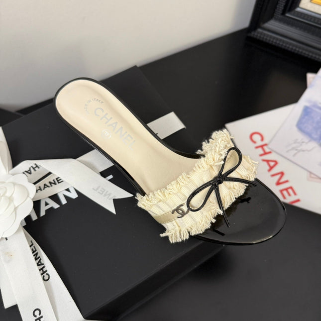 WHITE GROSGRAIN CANVAS BOW MULE SANDALS 65 MM