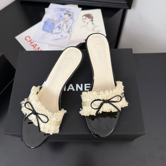 WHITE GROSGRAIN CANVAS BOW MULE SANDALS 65 MM