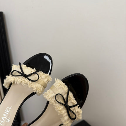 WHITE GROSGRAIN CANVAS BOW MULE SANDALS 65 MM