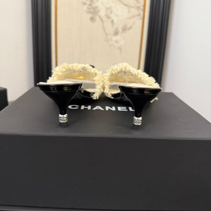 WHITE GROSGRAIN CANVAS BOW MULE SANDALS 65 MM