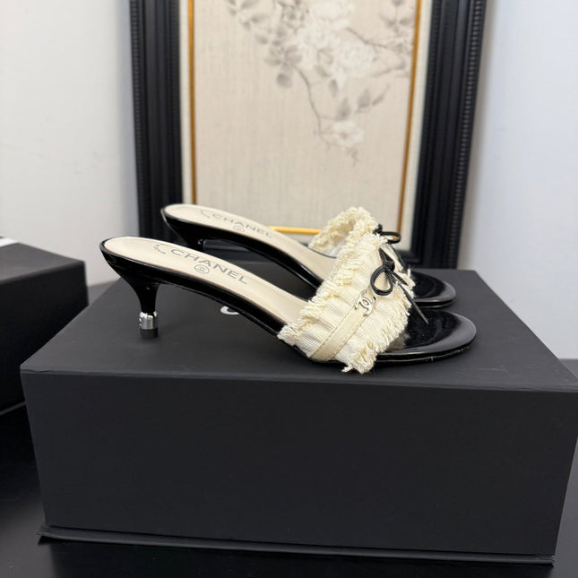 WHITE GROSGRAIN CANVAS BOW MULE SANDALS 65 MM