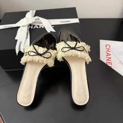 WHITE GROSGRAIN CANVAS BOW MULE SANDALS 65 MM