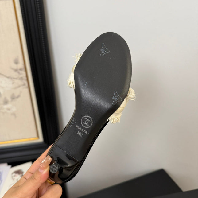 WHITE GROSGRAIN CANVAS BOW MULE SANDALS 65 MM