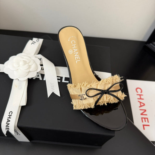 SAND YELLOW GROSGRAIN CANVAS BOW MULE SANDALS 65 MM