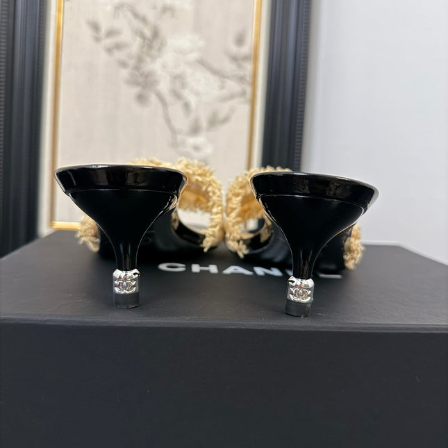 SAND YELLOW GROSGRAIN CANVAS BOW MULE SANDALS 65 MM