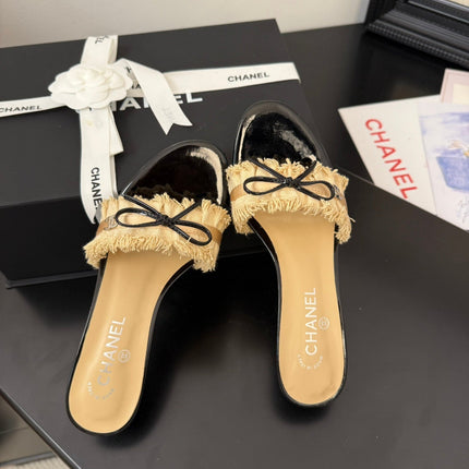 SAND YELLOW GROSGRAIN CANVAS BOW MULE SANDALS 65 MM