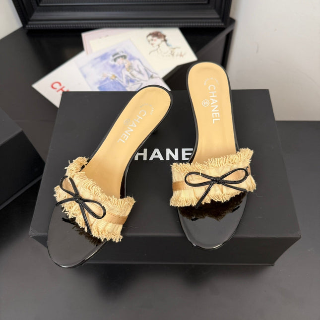 SAND YELLOW GROSGRAIN CANVAS BOW MULE SANDALS 65 MM