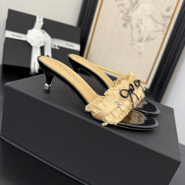 SAND YELLOW GROSGRAIN CANVAS BOW MULE SANDALS 65 MM