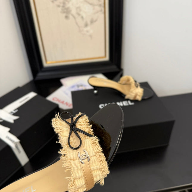 SAND YELLOW GROSGRAIN CANVAS BOW MULE SANDALS 65 MM