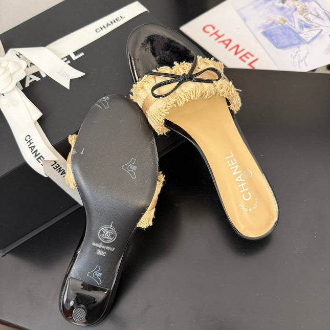 SAND YELLOW GROSGRAIN CANVAS BOW MULE SANDALS 65 MM